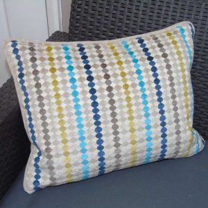 blue grey yellow multi fabric streamer pattern cushions